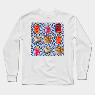 Made in Hong Kong Vintage Icons - Retro Street Style Blue Tile Pattern Long Sleeve T-Shirt